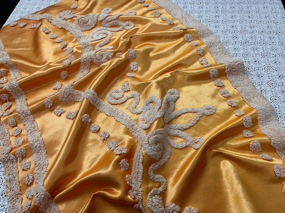 Vintage Gold Satin Fabric, Scroll Tufted Chenille Crowns 23x36" Piece