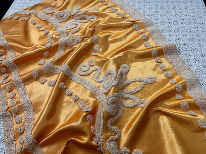 Vintage Gold Satin Fabric, Scroll Tufted Chenille Crowns 23x36" Piece