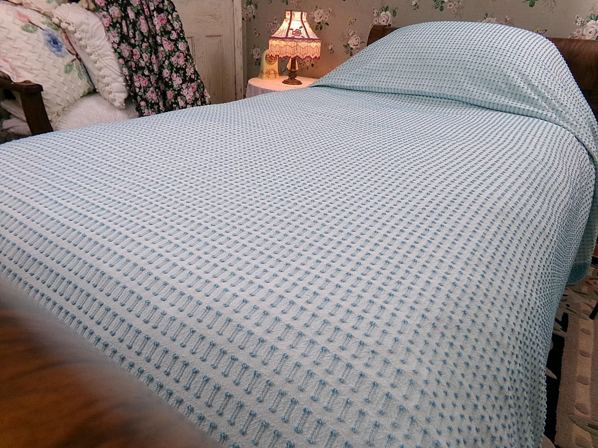 Powder Blue Vintage Chenille Bedspread, Texturized Barbells & Shag Edge Morgan Jones Full Sz