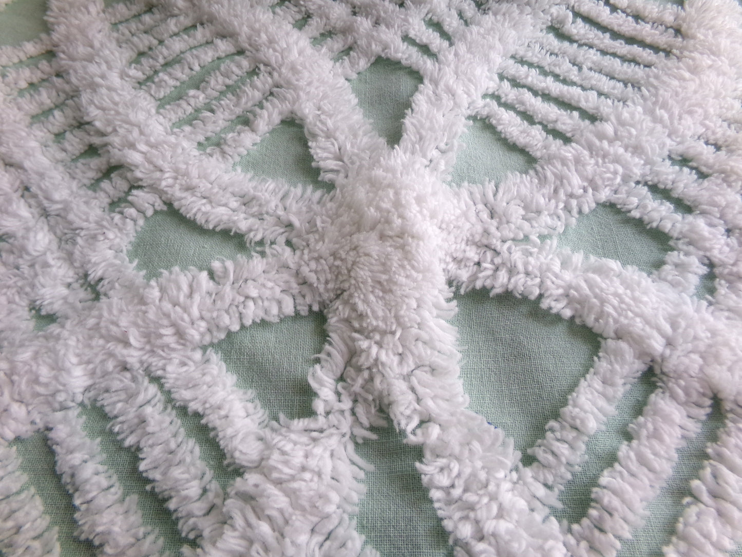 Mint Green Vintage Chenille Quilt Fabric, 21" x 30" inch Piece, White Geometric Wedding Ring Pattern