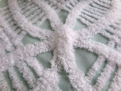 Mint Green Vintage Chenille Quilt Fabric, 21" x 30" inch Piece, White Geometric Wedding Ring Pattern