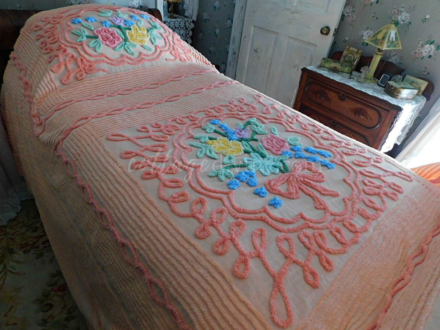 Romantic Vintage Chenille Bedspread, Spring Flowers on Old Fashioned Peach, Full Size 100% Cotton Summer Coverlet