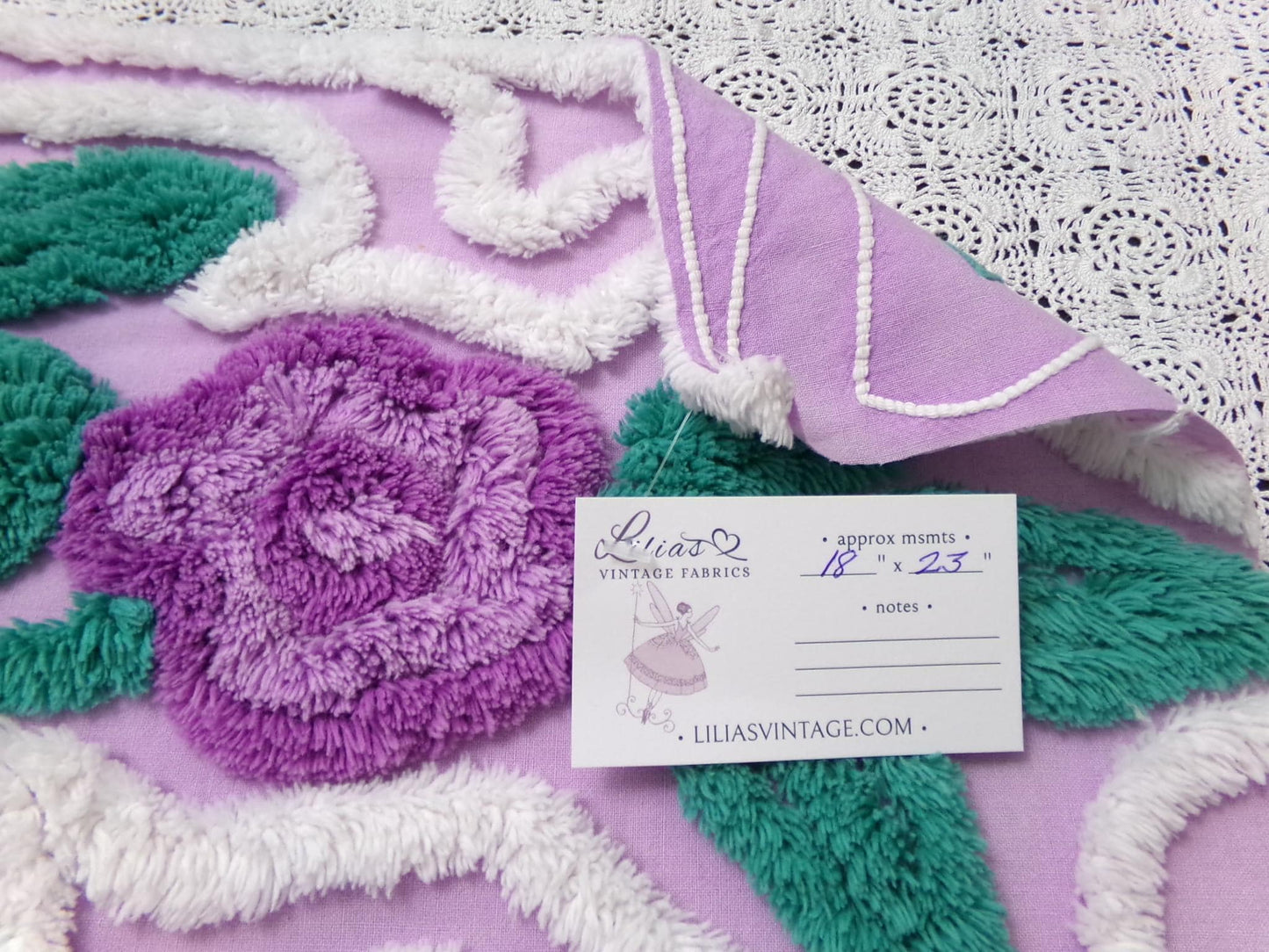 Violet Roses Vintage Chenille Bedspread Fabric 18x23" Sweeping White Waves