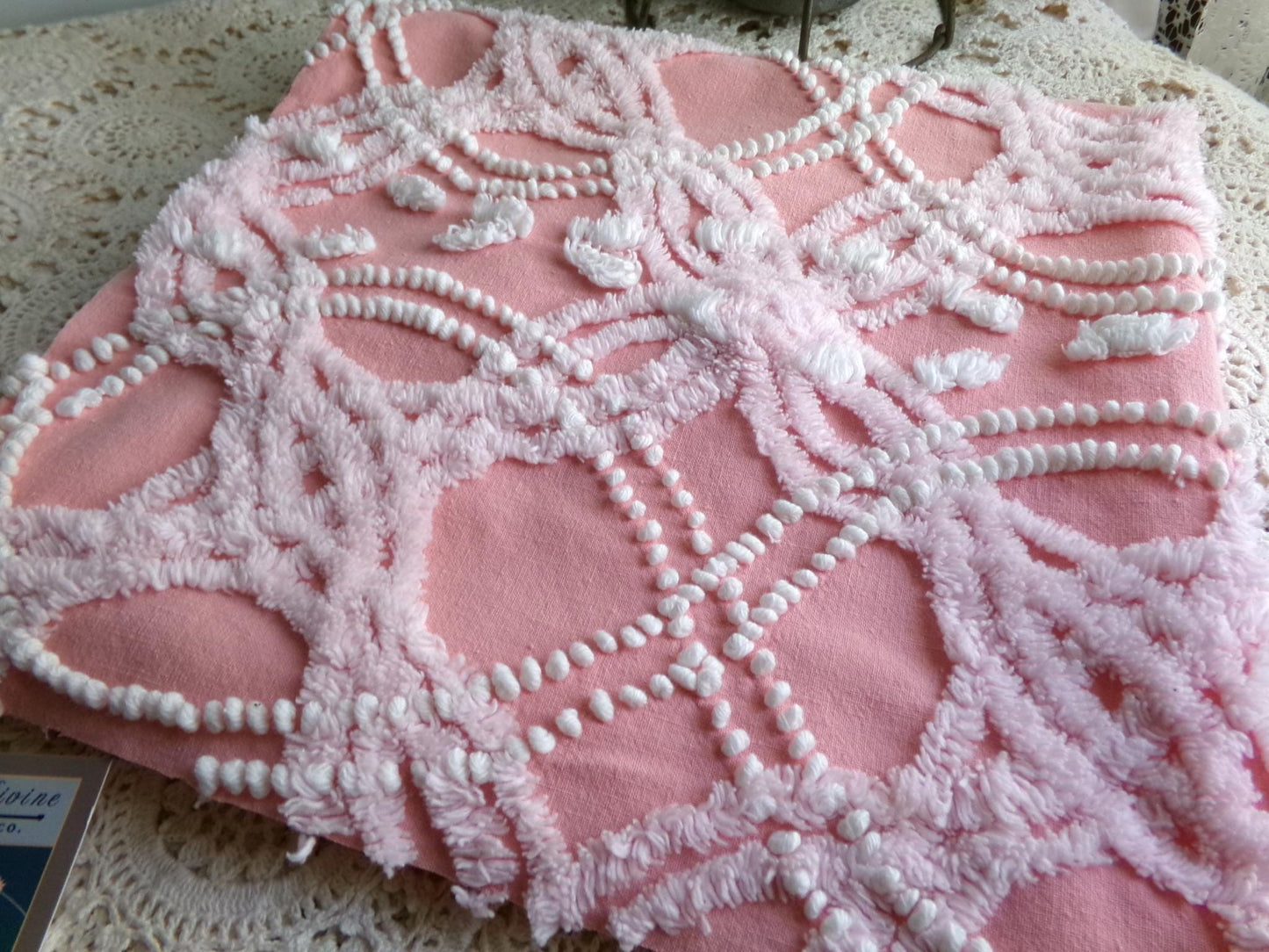 rose pink vintage chenille fabric, infinity links & pearl pops design 21" x 22"