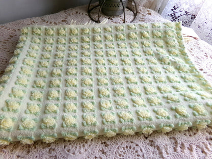 plump yellow rosebud vintage chenille fabric, cottage chic sewing & quilt material, 18" x 25"