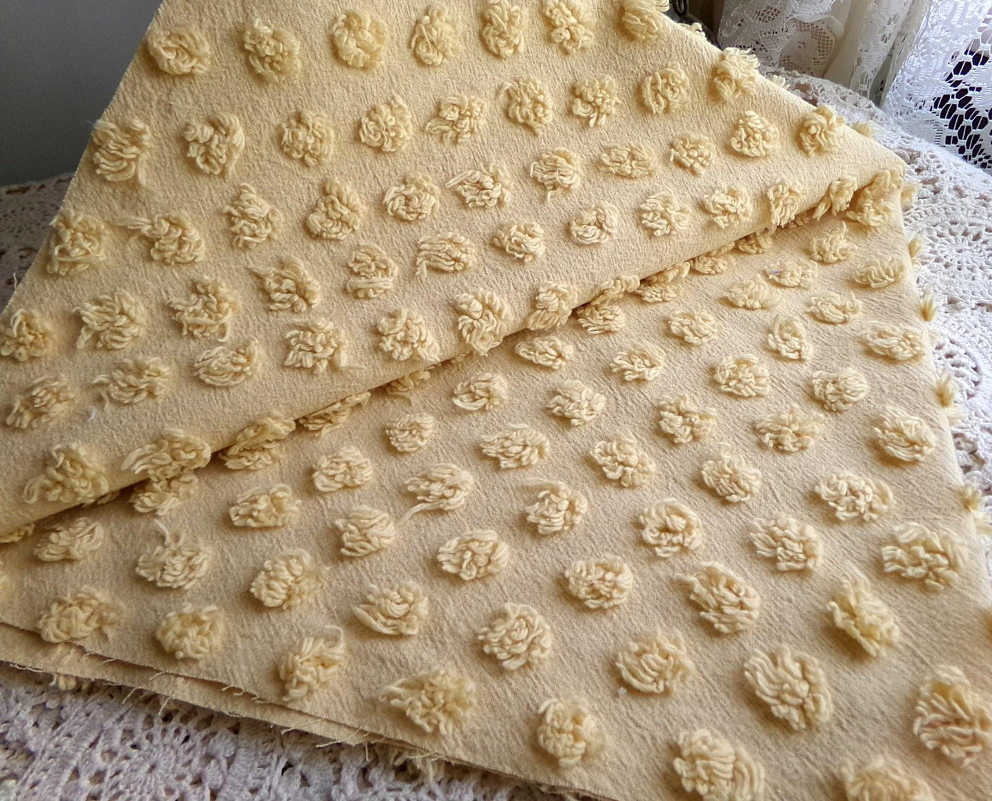 puffy gold pops vintage chenille fabric, boho style sewing material for handmade chenille quilts & crafts, 20" x 24" piece