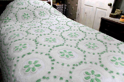 Twin Vintage Chenille Bedspread, Lucky Shamrock Green Flower Circles on White Coverlet