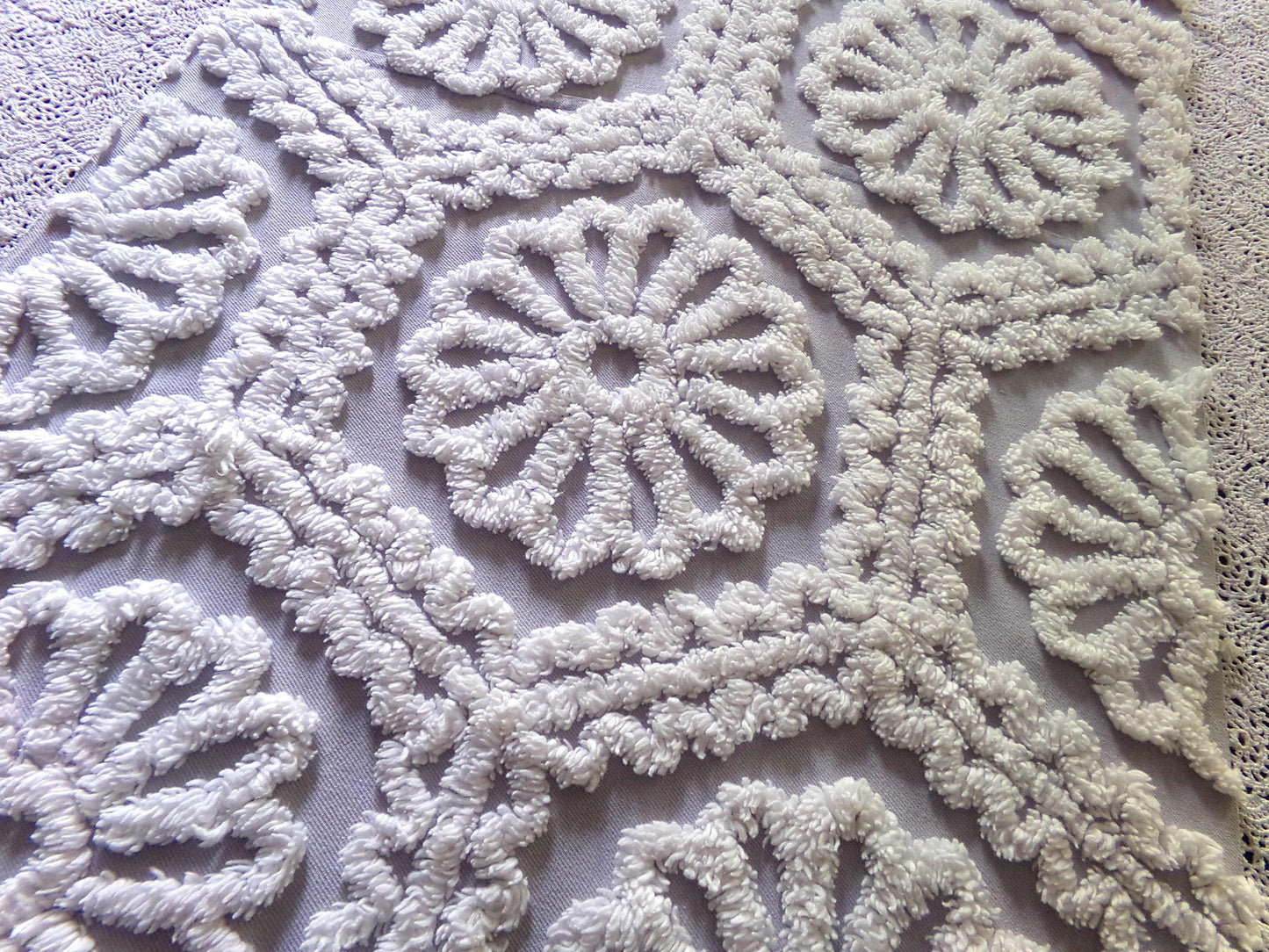 lavender mist cottage style chenille fabric, plush white ruffle daisies, 17" x 26" piece of vintage sewing material for quilting, fiber arts