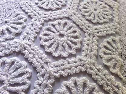lavender mist cottage style chenille fabric, plush white ruffle daisies, 17" x 26" piece of vintage sewing material for quilting, fiber arts