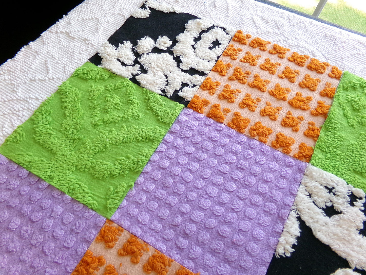 boho witchy vintage chenille fabric squares, set of 16 spellbinding 6" blocks for crafts, sewing in orange, black, green & lavender