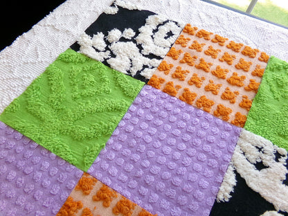 boho witchy vintage chenille fabric squares, set of 16 spellbinding 6" blocks for crafts, sewing in orange, black, green & lavender