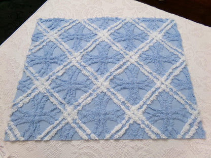 Vintage Chenille Fabric Baby Blue White Geometric Tufted Cottage Coastal Chic, 18" x 22"