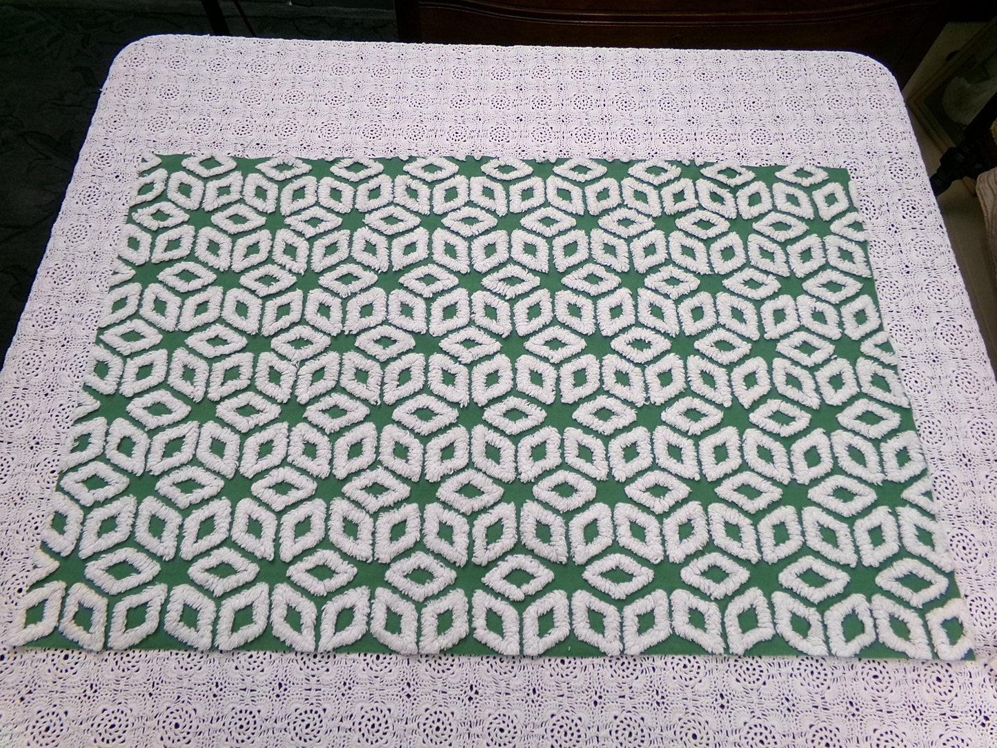 White Snowflake Vintage Chenille Fabric, Christmas Green 17.5x26" Piece