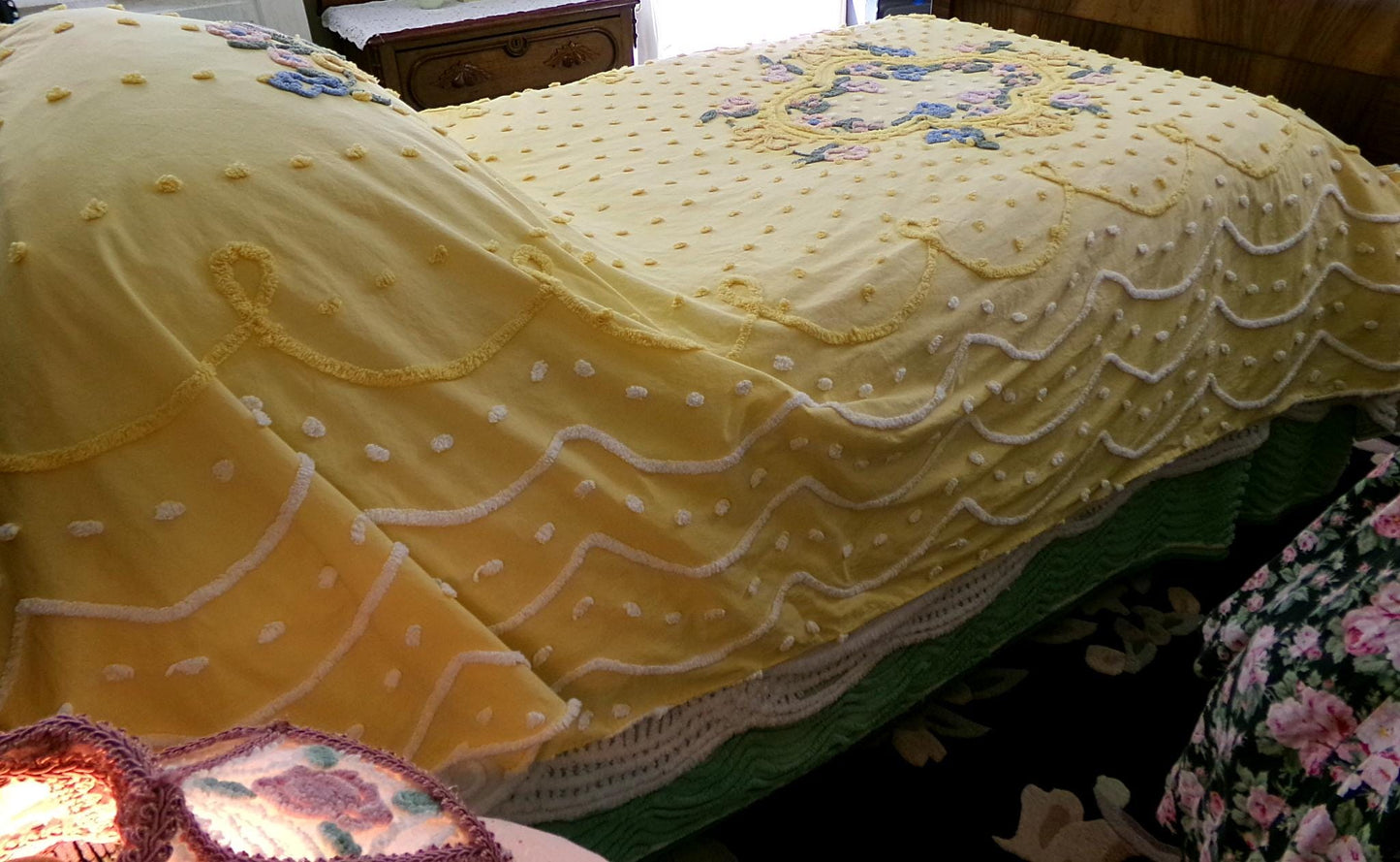 Sunny Floral Vintage Chenille Bedspread, Cotton Summer Coverlet, Twin Sz Bedding