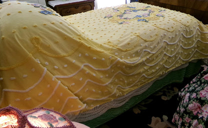 Sunny Floral Vintage Chenille Bedspread, Cotton Summer Coverlet, Twin Sz Bedding
