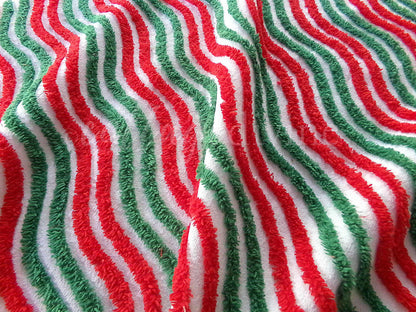 red & green ripple striped chenille fabric, festive vintage sewing material for Christmas stockings, holiday crafts, 15" x 28" inch piece
