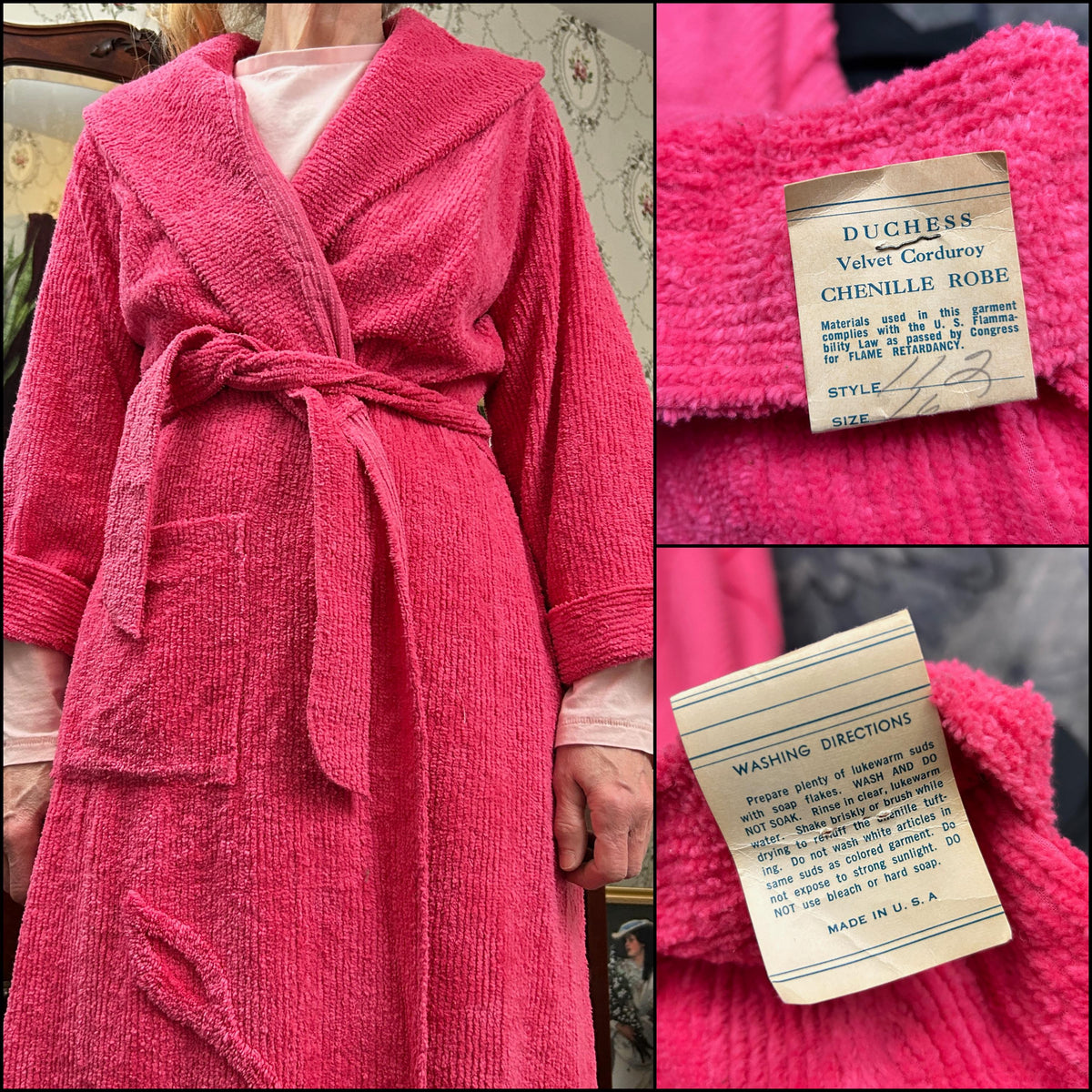 Vintage NOS Chenille Robe Duchess Hot Pink, Full Length Women’s S/M Bathrobe