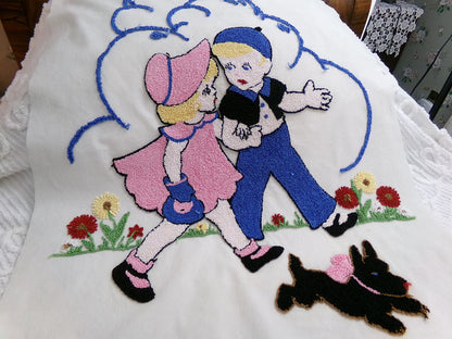whimsical vintage chenille fabric panel: jack & jill storybook cute kids w/ scotty dog, 22" x 26" piece
