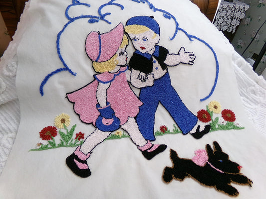 whimsical vintage chenille fabric panel: jack & jill storybook cute kids w/ scotty dog, 22" x 26" piece