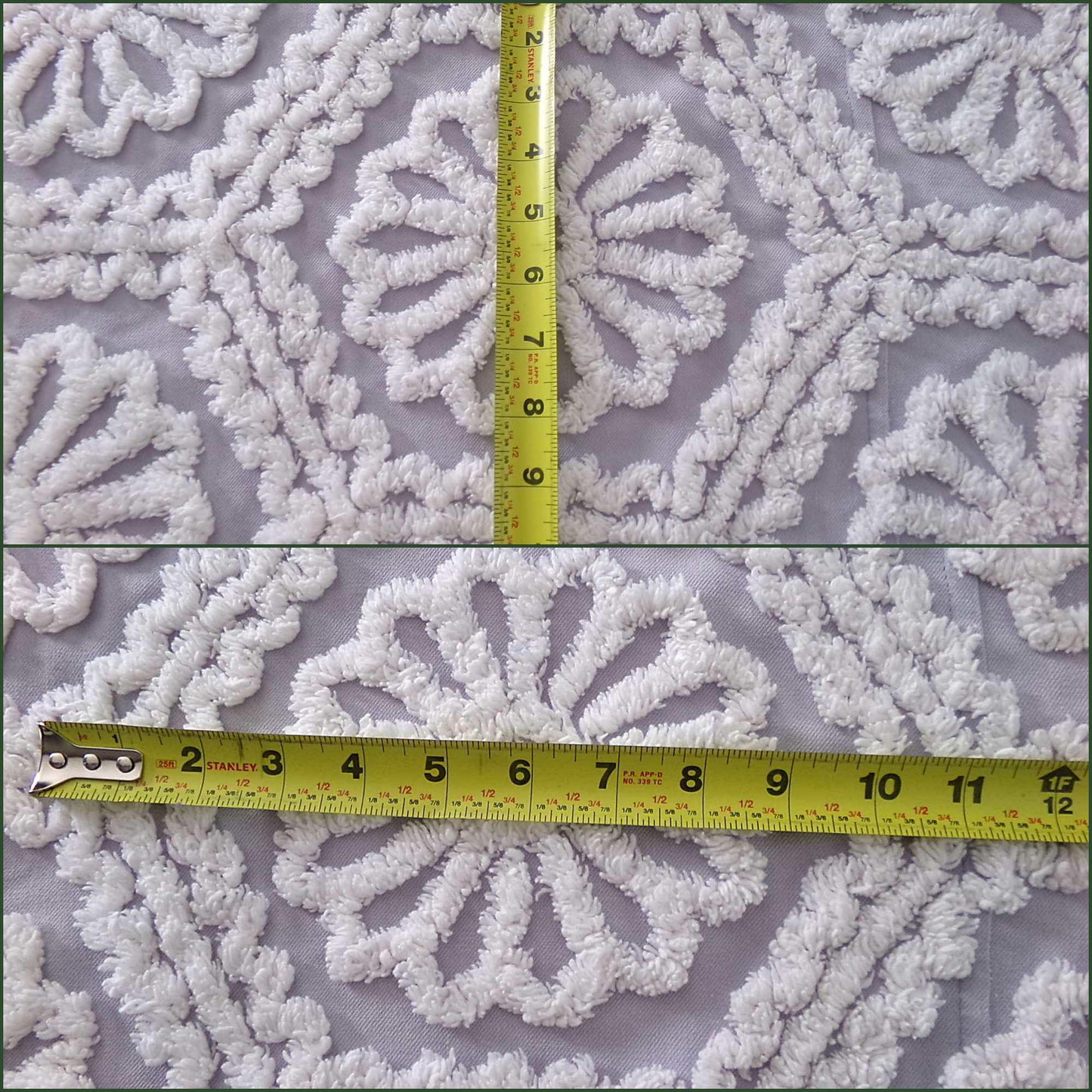 lavender mist cottage style chenille fabric, plush white ruffle daisies, 17" x 26" piece of vintage sewing material for quilting, fiber arts
