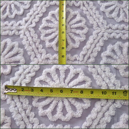 lavender mist cottage style chenille fabric, plush white ruffle daisies, 17" x 26" piece of vintage sewing material for quilting, fiber arts