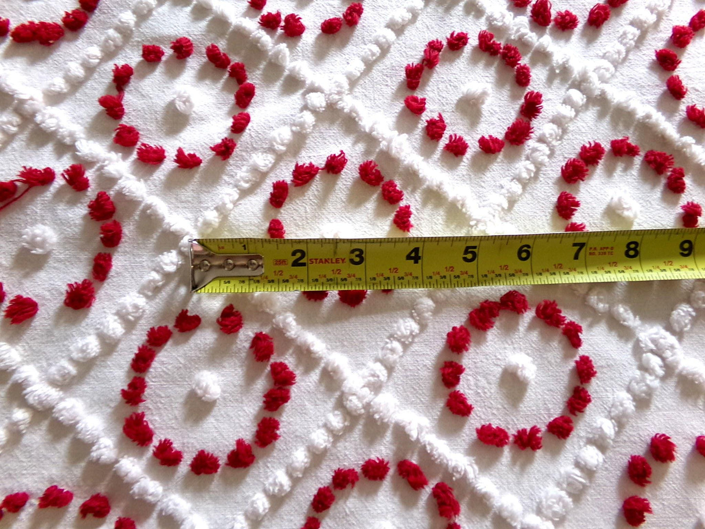ruby red & white vintage chenille fabric, antique handtufted 20"x 25" piece quilt material