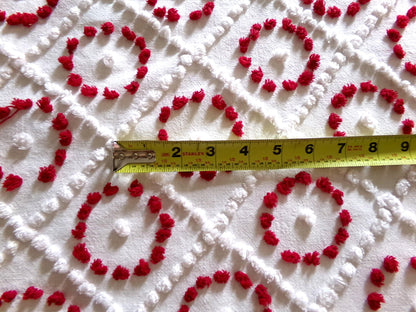 ruby red & white vintage chenille fabric, antique handtufted 20"x 25" piece quilt material