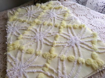 springtime yellow & white chenille fabric, vintage 27" x 21" inch piece of quilt material with fluffy pops, needletuft spider rings