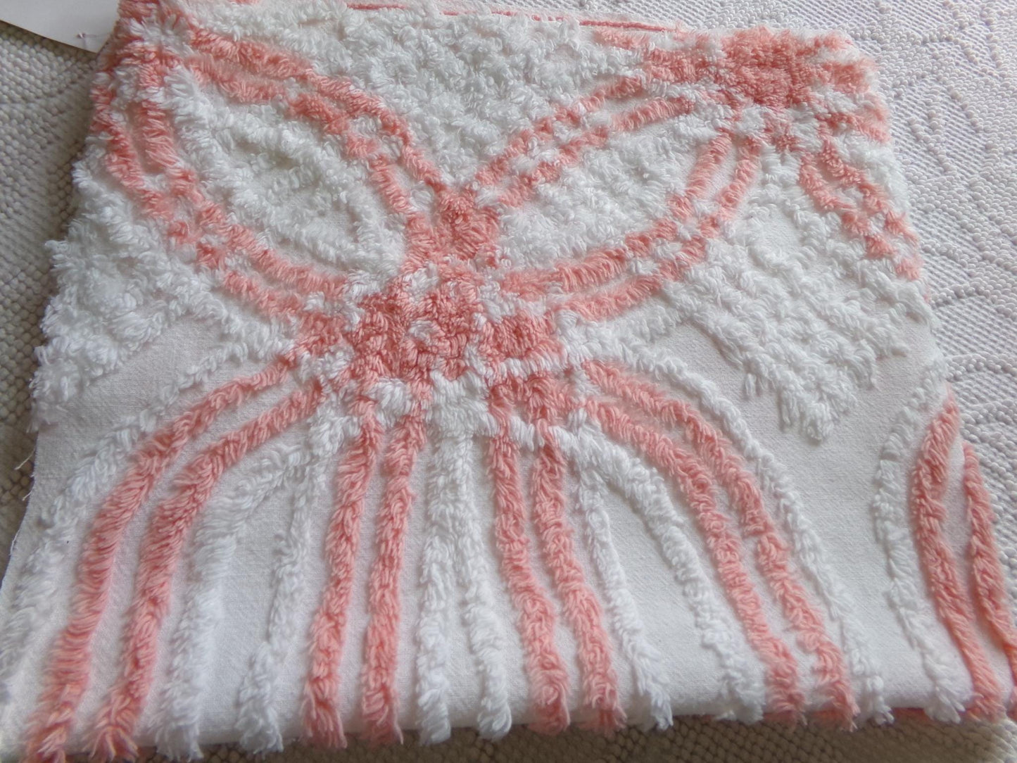 vintage chenille fabric in peachy white geometric design, 22" x 24" piece of lightweight cotton sewing & quilt material
