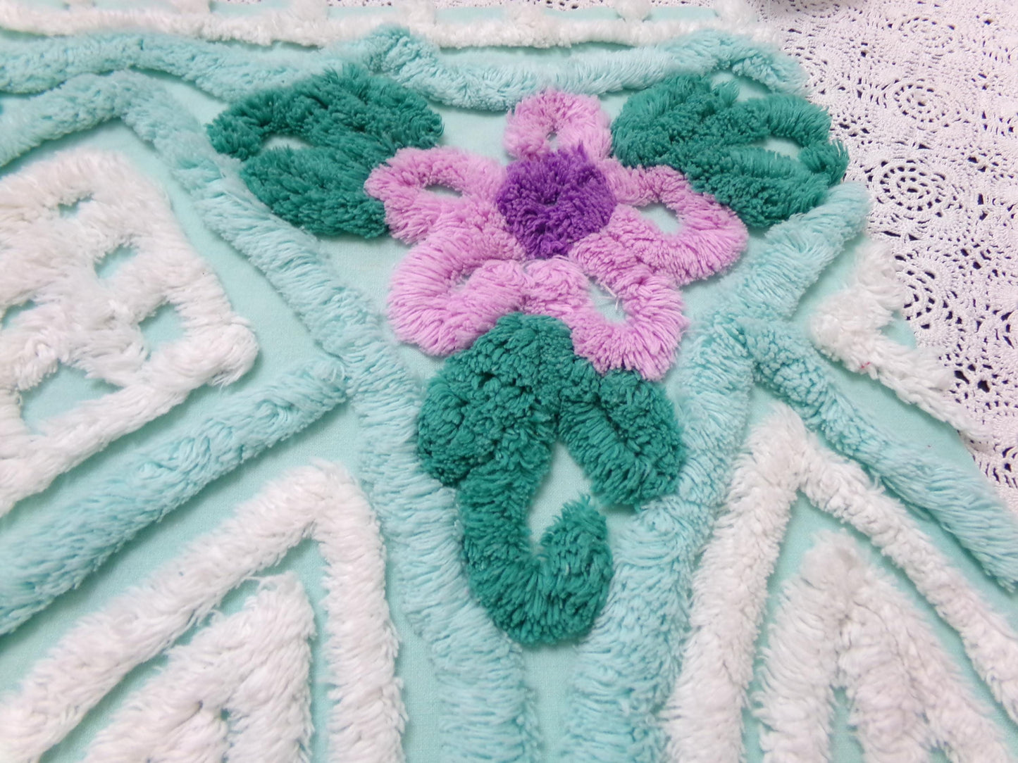 Breezy Fresh Aqua Vintage Chenille Fabric Cathedral Stripe Floral 16x20" Shabby Chic