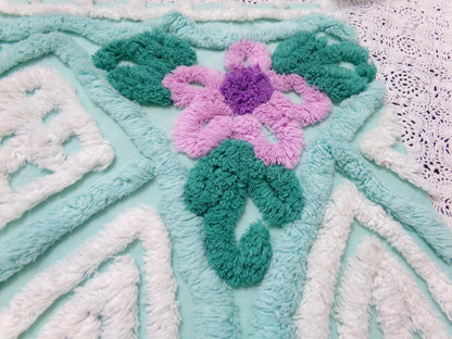 Breezy Fresh Aqua Vintage Chenille Fabric Cathedral Stripe Floral 16x20" Shabby Chic