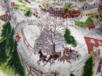 Grandma Moses DEEP SNOW Vintage Barkcloth Fabric, Midcentury Folk Art Winter Scene, 13" x 21"