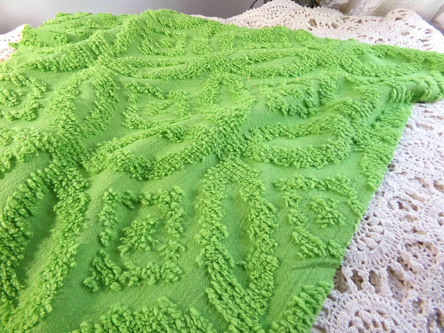 Vintage Neon Green Chenille Fabric Piece Lightweight Lime Cotton 22x24"