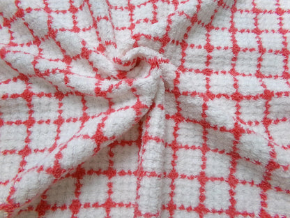 vintage chenille bedspread fabric, small red & white plaid pattern, 19" x 24" cut piece for xmas stockings, Christmas quilts