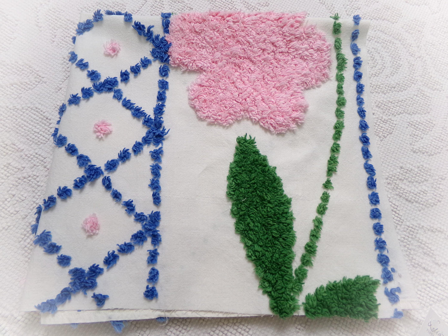 Vintage Chenille Bedspread Fabric White Pink Floral Blue Lattice Trellis Cottage 24x23"