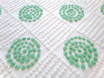 sweet shamrock green vintage chenille fabric, diamond circle pattern, 16" x 24" piece of white cotton sewing material for quilts, crafts
