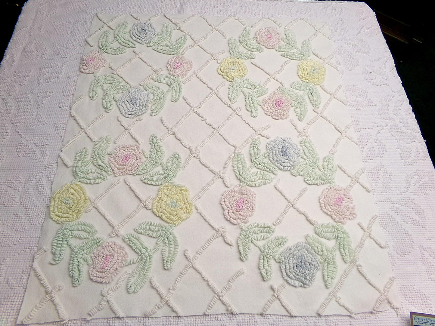 Vintage Chenille Fabric Pastel Spring Floral Wreaths on Antique Cream Cotton, 20" x 24" piece