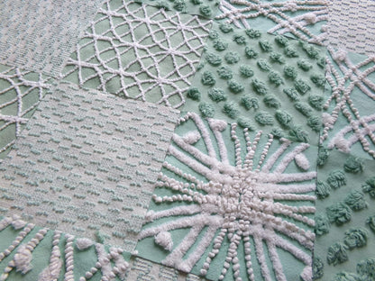 gorgeous green chenille fabric squares, set of 16 vintage 6" craft blocks, geometric designs for quilt inlays, pillows, fiber arts