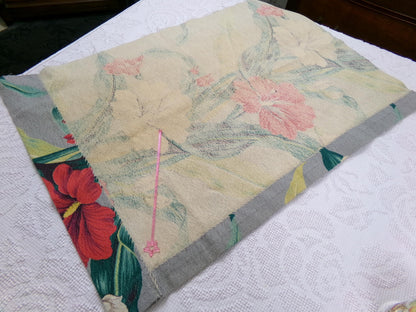 Bold Vintage Barkcloth Fabric Hawaii Hibiscus Pattern Gray Red Cream 19" x 27"