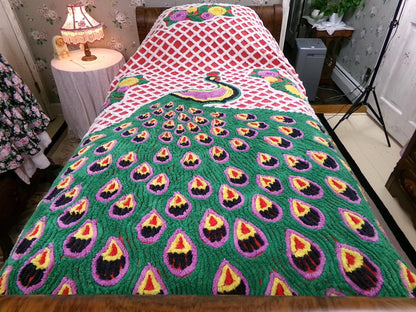 Vintage Chenille Bedspread Sprawling Red Peacock, Green Feathers & White Lattice, Full