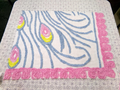 vintage style chenille bedspread fabric boho peacock feathers pink blue 19x26"