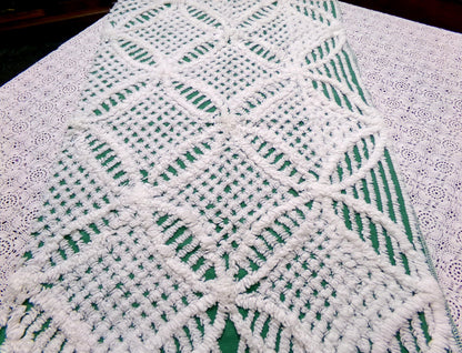 green & white vintage chenille bedspread fabric, 18" x 26" geometric design