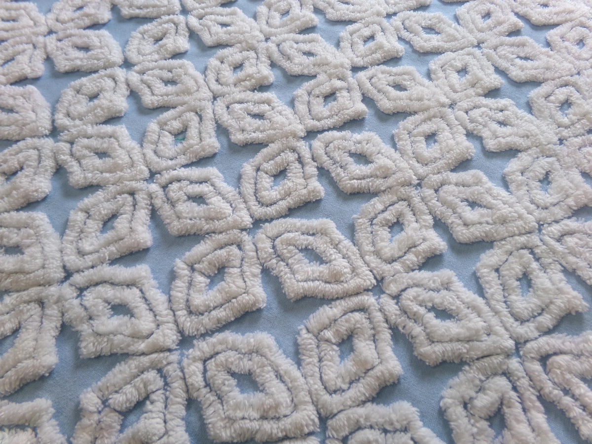 Blue & White Vintage Chenille Fabric, Plush Diamond Cross Design, 18x24" Piece