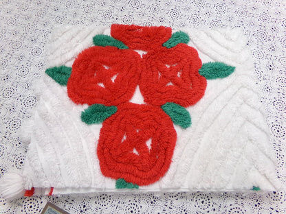 Shabby Cabbage Roses Vintage Chenille Bedspread Fabric, Plush Red Floral 20x24"