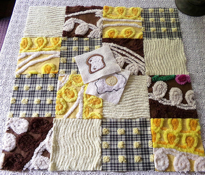 retro diner vintage 6" chenille squares, set of 16 novelty quilt blocks cut from vintage chenille bedspread fabrics, breakfast eggs & toast