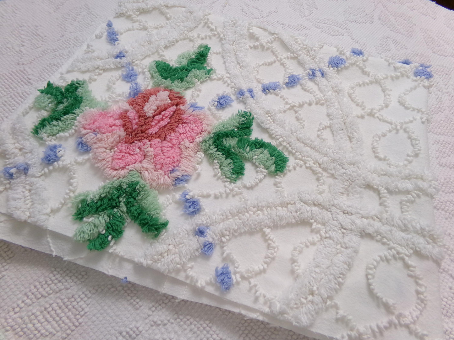 shabby romantic vintage chenille bedspread fabric, pink rose quilt material, 26" x 30" piece