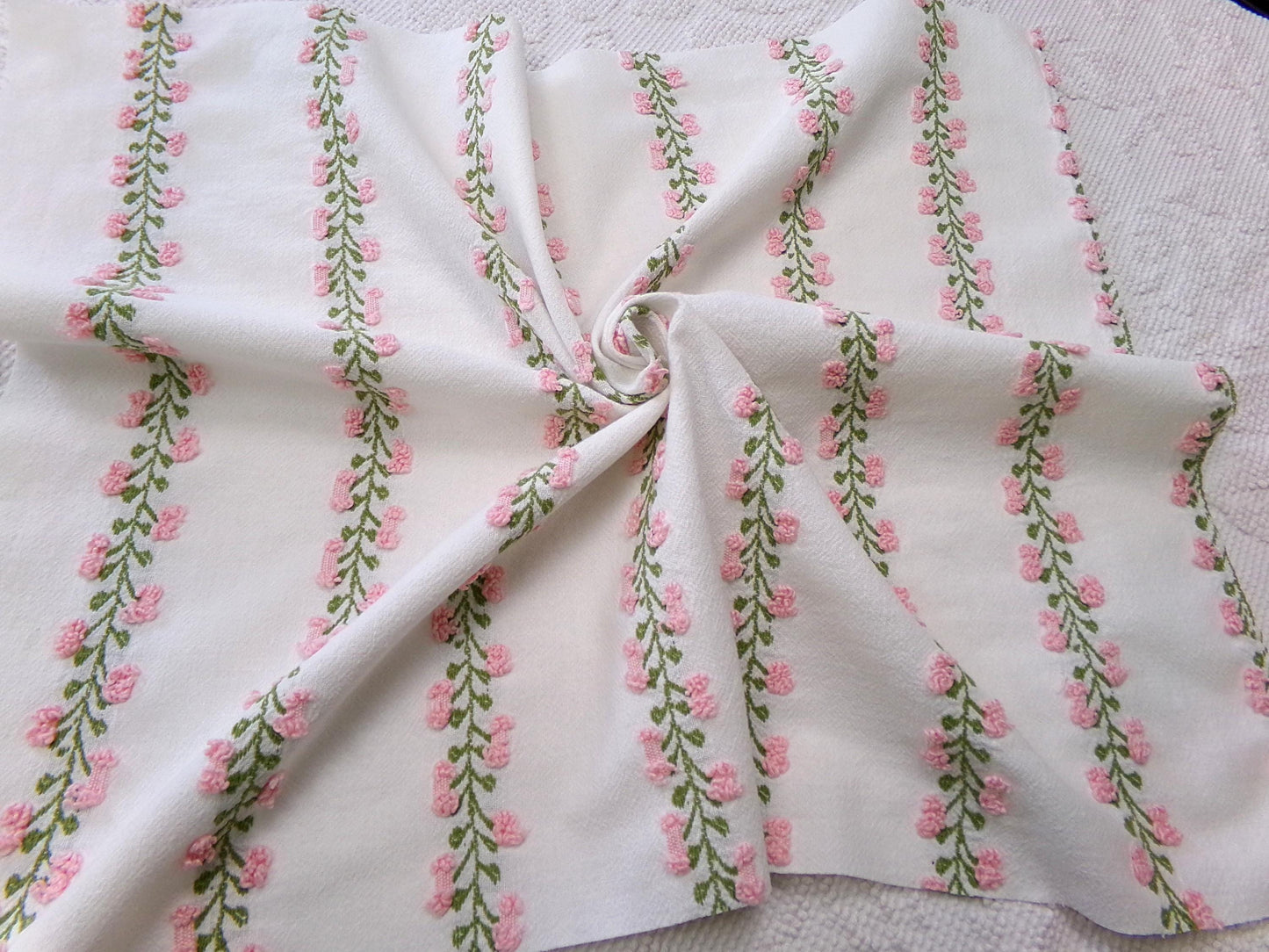 Vintage Rosebud Chenille Fabric, Pink Ivy Rose Design, 18" x 24" Piece of Lightweight Cotton Sewing & Quilting Material
