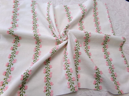 Vintage Rosebud Chenille Fabric, Pink Ivy Rose Design, 18" x 24" Piece of Lightweight Cotton Sewing & Quilting Material
