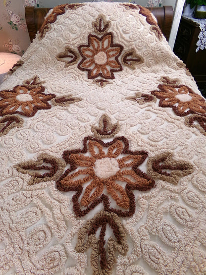 hazelnut coffee floral vintage chenille bedspread, full size luxury bedding with an integrated skirt, boxed & fitted design, boho retreat
