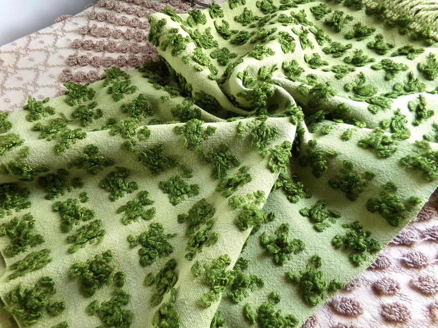 Hippie Chic Vintage Green Rosebud Chenille Fabric, Boho Rose Design